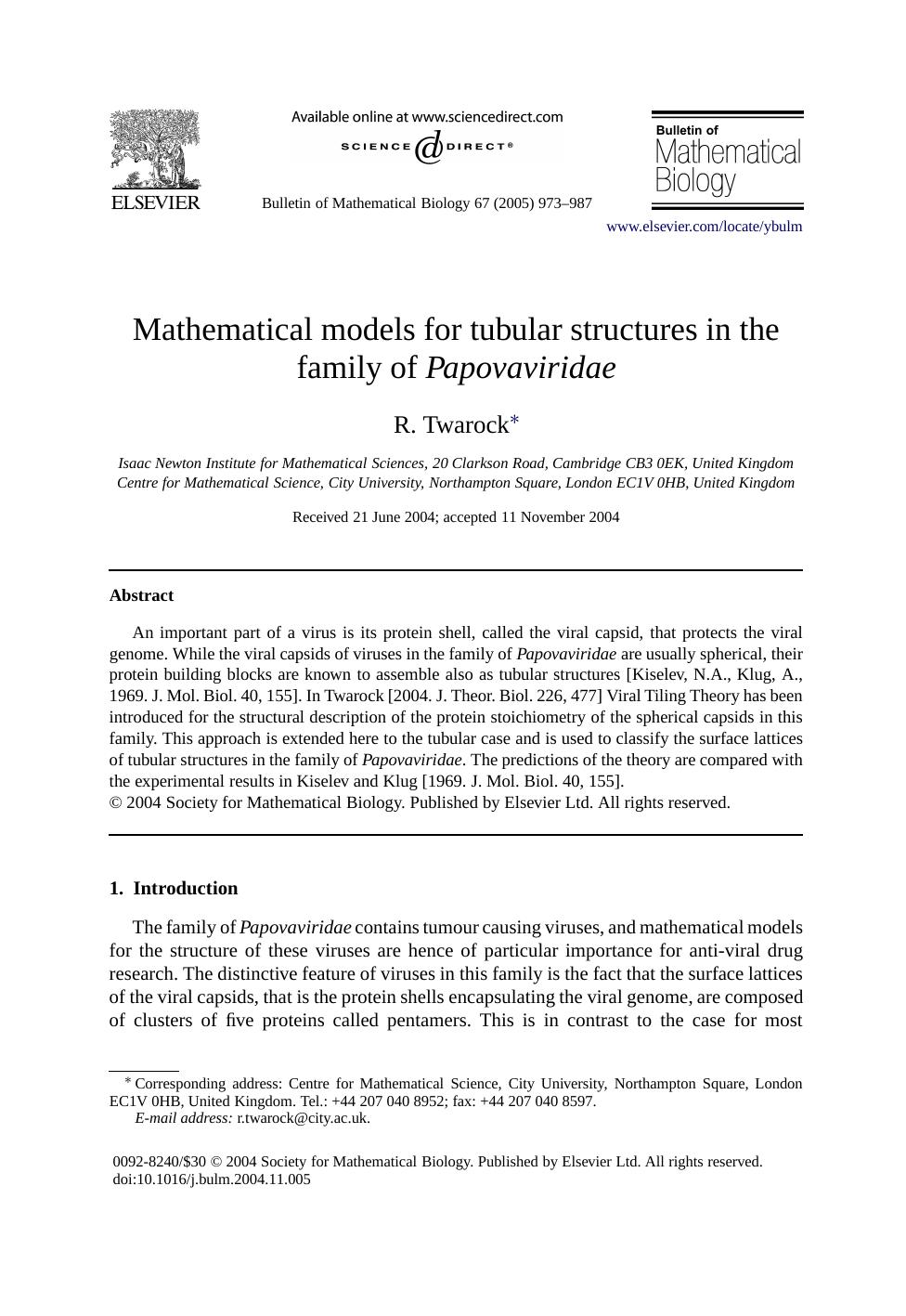 Mathematical models for tubular structures in the family of <Emphasis Type="Italic">Papovaviridae<Emphasis> by Unknown
