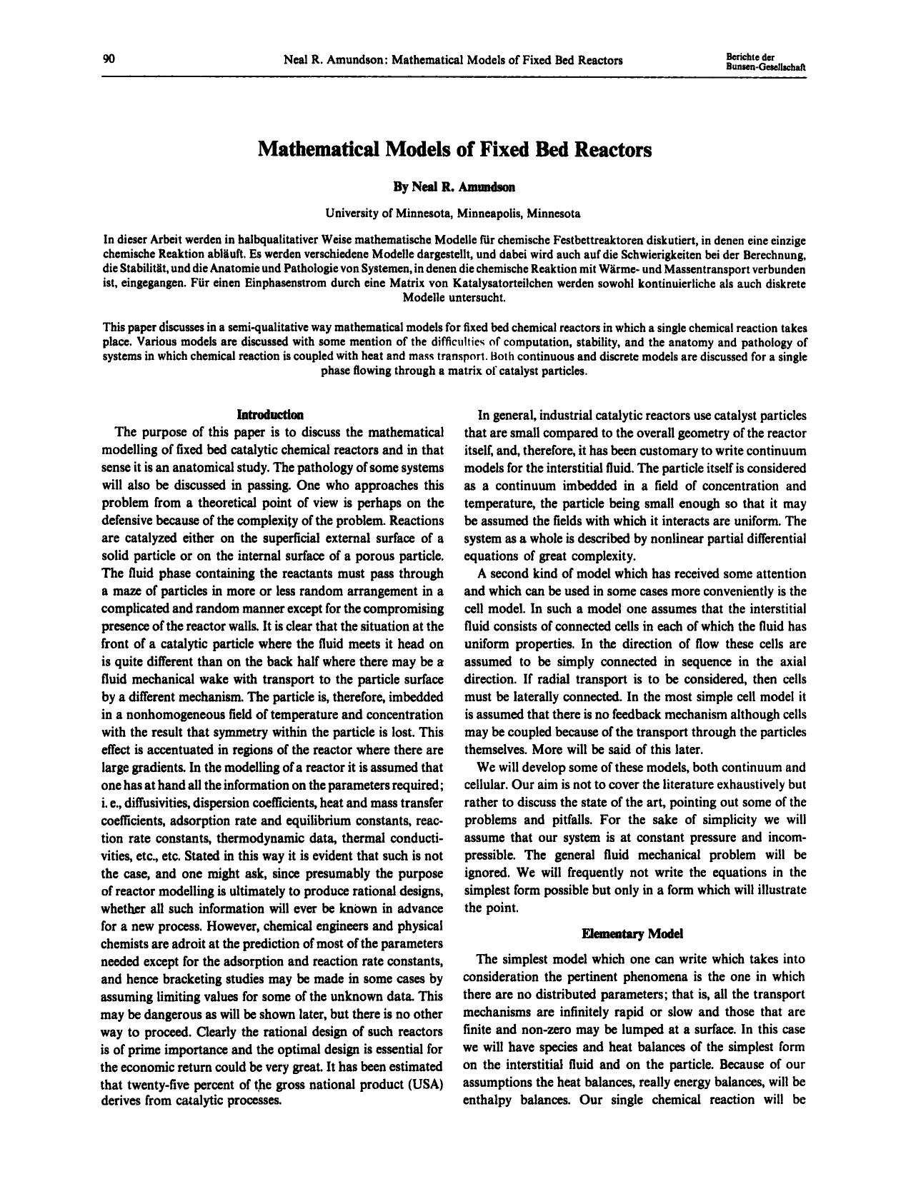 Mathematical models of fixed bed reactors by Unknown