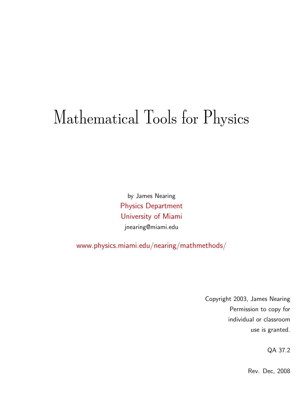 Mathematical tools for physics by Nearing J