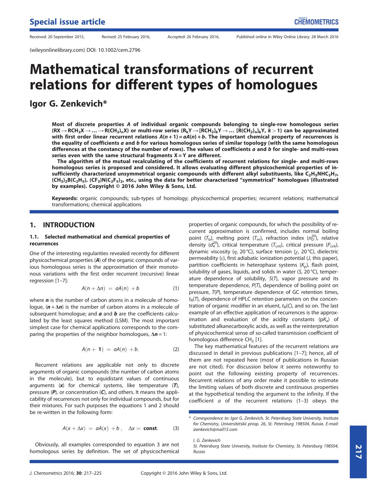 Mathematical transformations of recurrent relations for different types of homologues by Igor G. Zenkevich