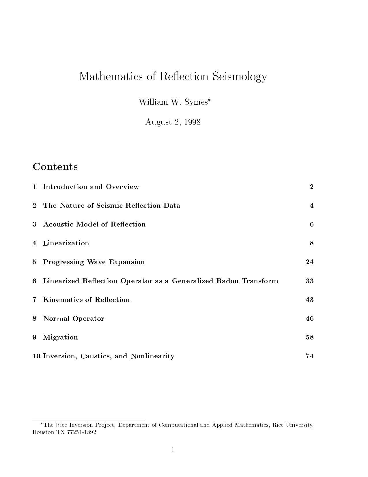 Mathematics of reflection seismology by Symes W
