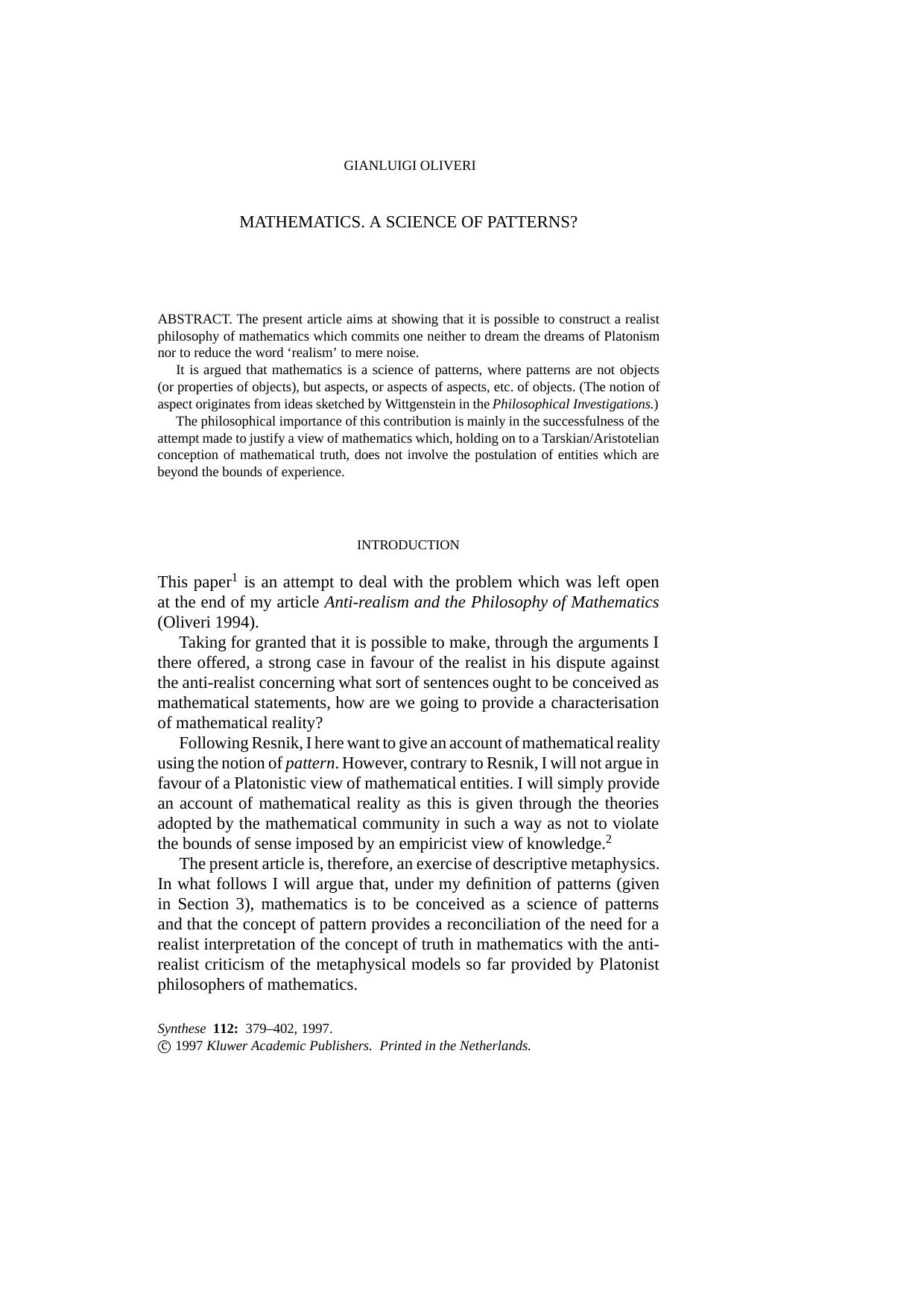 Mathematics. A Science of Patterns? by Unknown