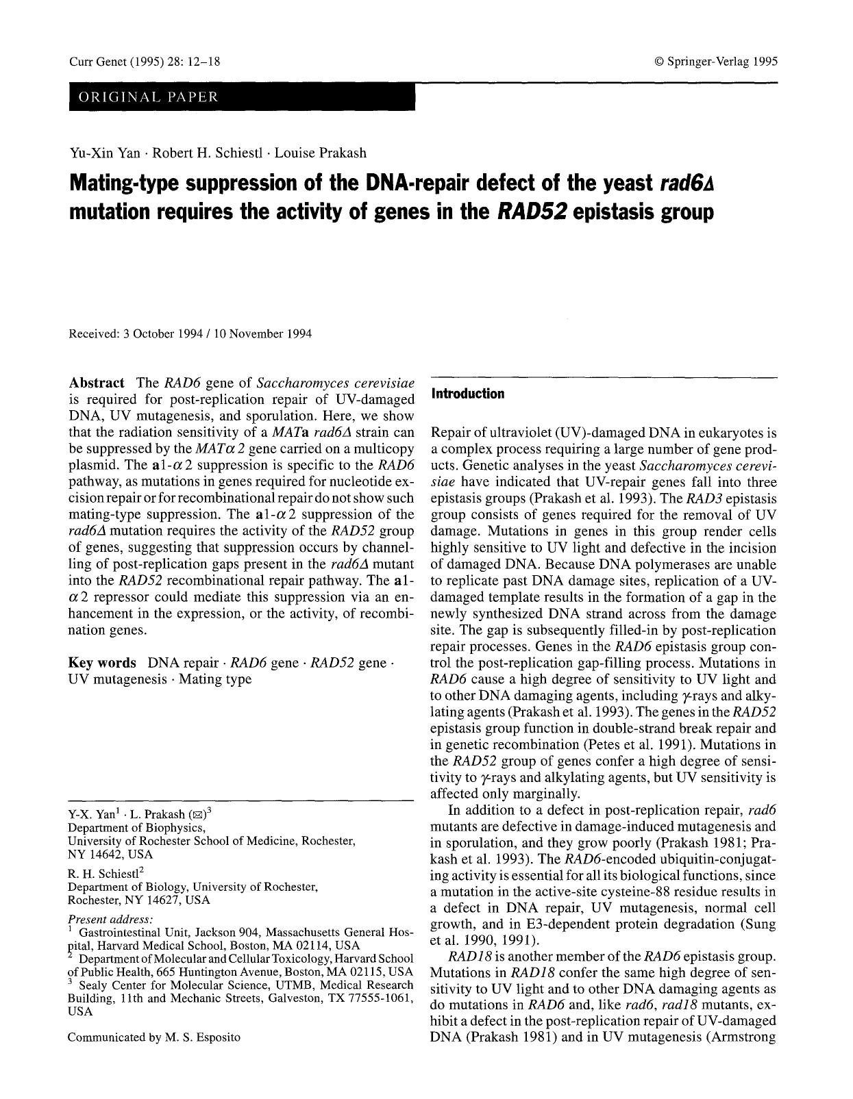 Mating-type suppression of the DNA-repair defect of the yeast <Emphasis Type="Italic">rad6<Emphasis>&#x0394; mutation requires the activity of genes in the <Emphasis Type="Italic"> by Unknown