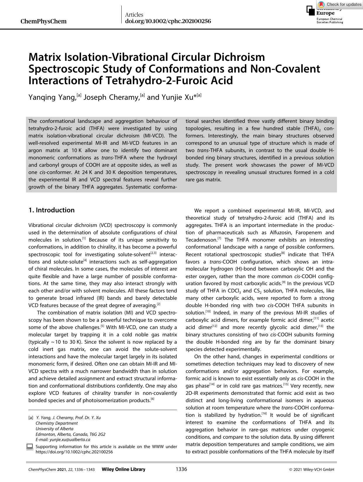 Matrix IsolationâVibrational Circular Dichroism Spectroscopic Study of Conformations and NonâCovalent Interactions of Tetrahydroâ2âFuroic Acid by Unknown