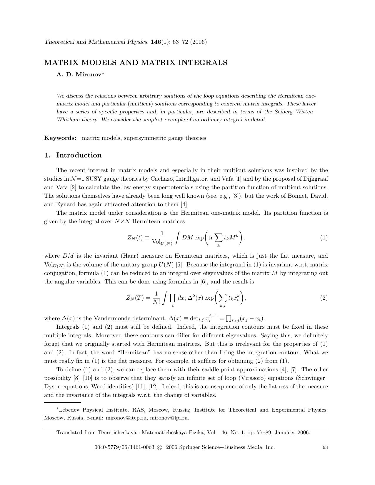 Matrix Models and Matrix Integrals by Unknown