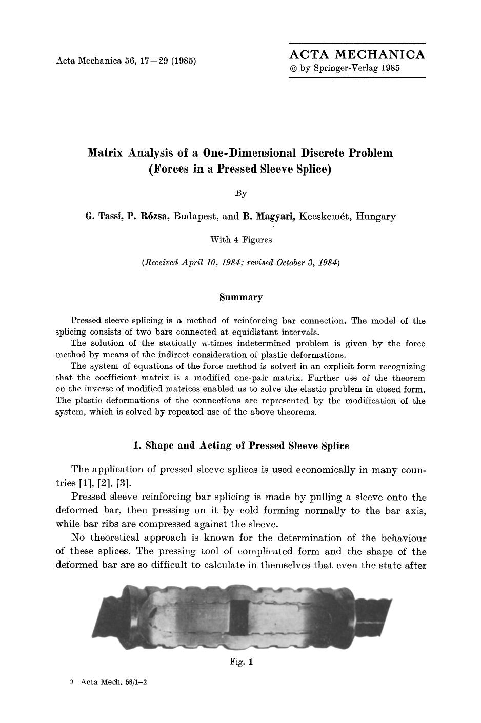 Matrix analysis of a one-dimensional discrete problem (forces in a pressed sleeve splice) by Unknown