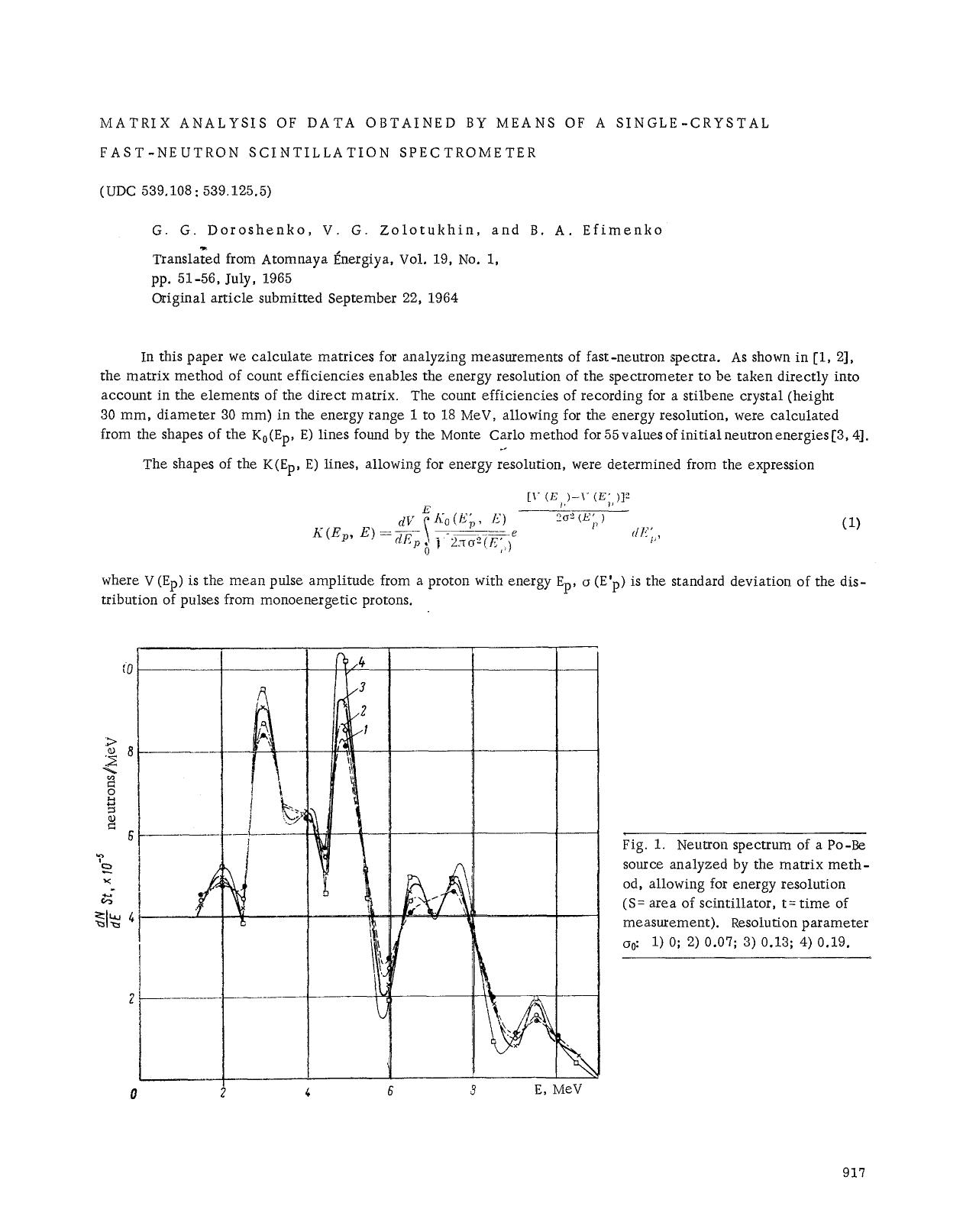 Matrix analysis of data obtained by means of a single-crystal fast-neutron scintillation spectrometer by Unknown