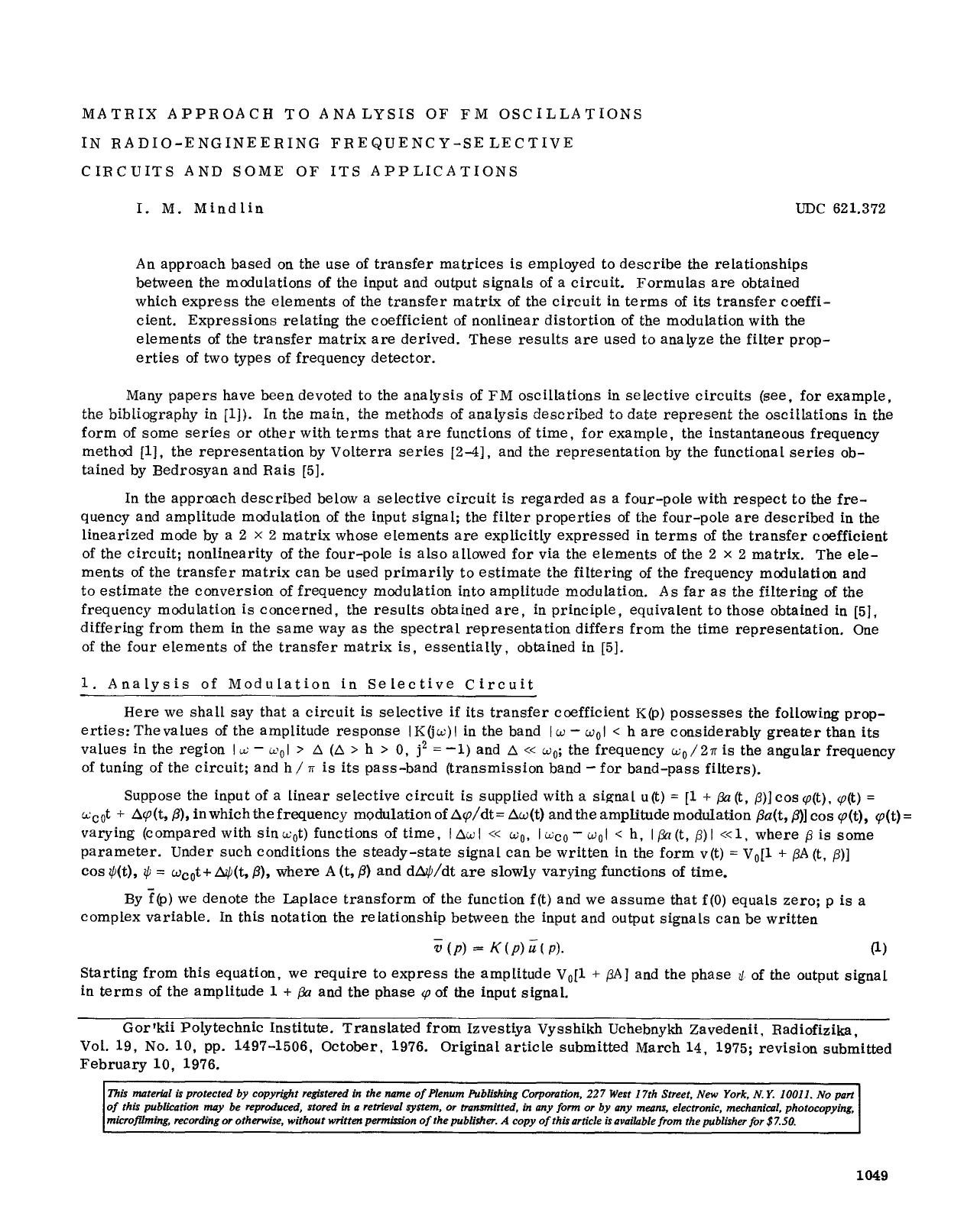 Matrix approach to analysis of FM oscillations in radio-engineering frequency-selective circuits and some of its applications by Unknown