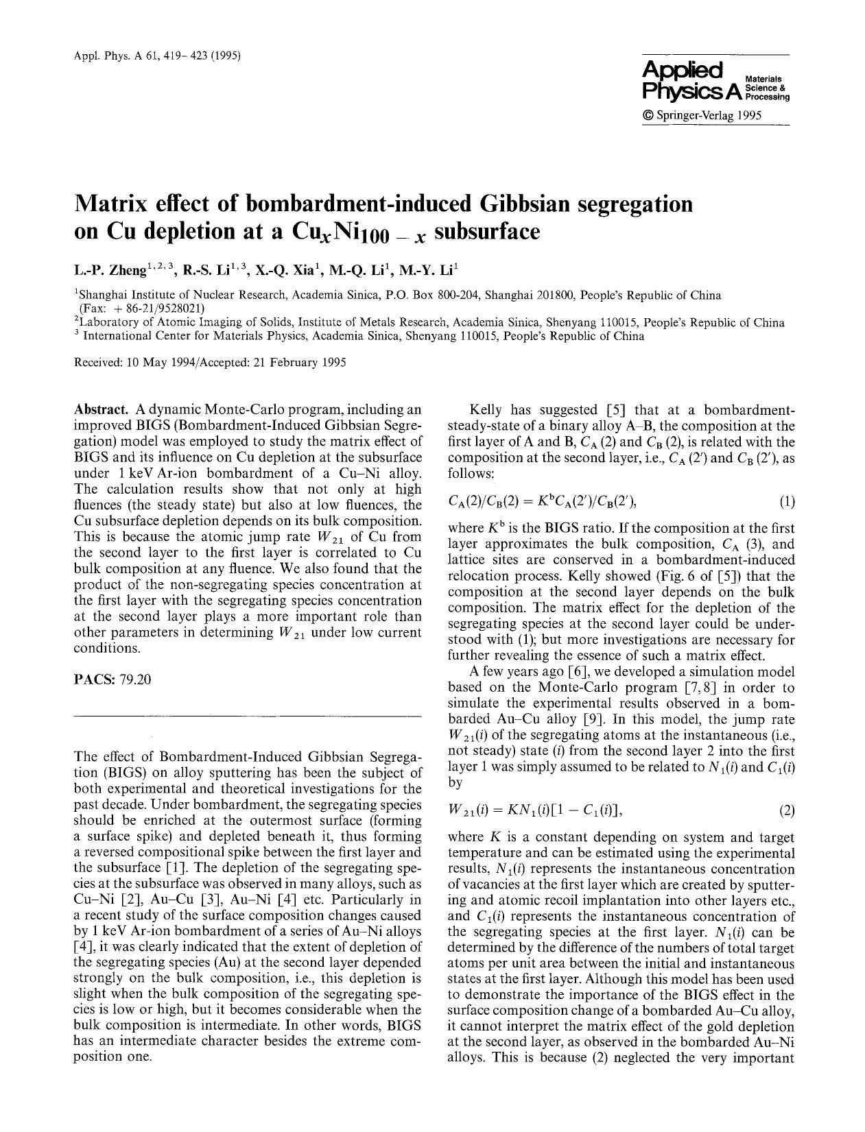 Matrix effect of bombardment-induced Gibbsian segregation on Cu depletion at a Cu <Subscript> <Emphasis Type="Italic">x <Emphasis> <Subscript>Ni <Subscript>100&#x2212; <Emphasis Ty by Unknown