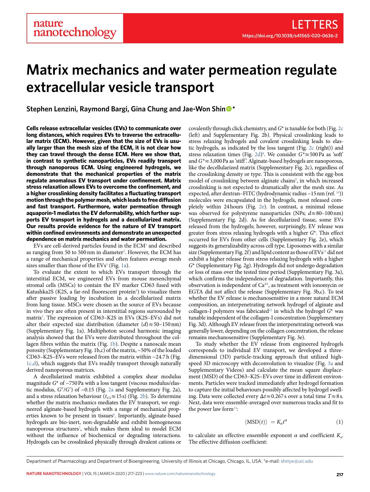 Matrix mechanics and water permeation regulate extracellular vesicle transport by Stephen Lenzini & Raymond Bargi & Gina Chung & Jae-Won Shin