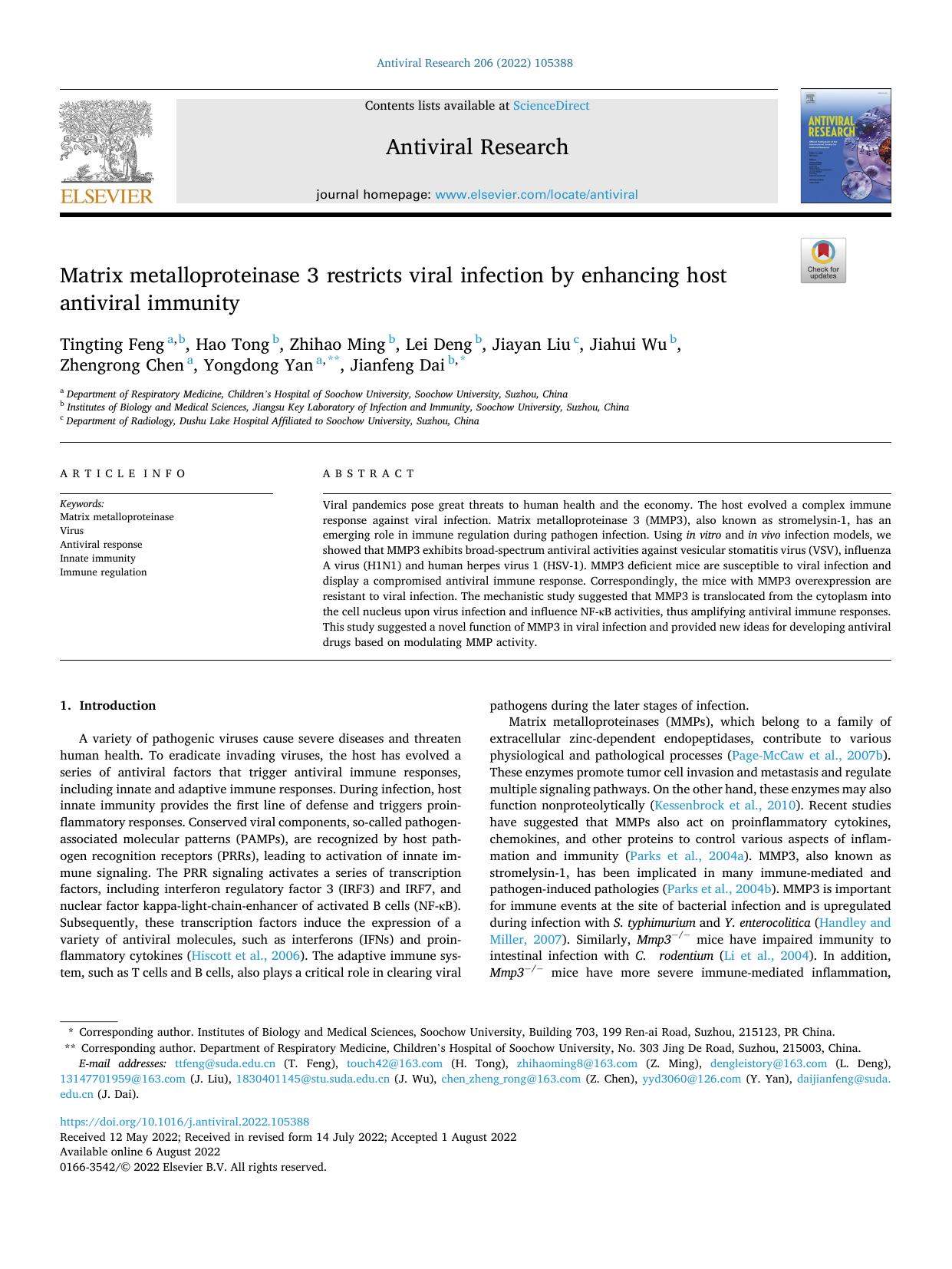 Matrix metalloproteinase 3 restricts viral infection by enhancing host antiviral immunity by Tingting Feng