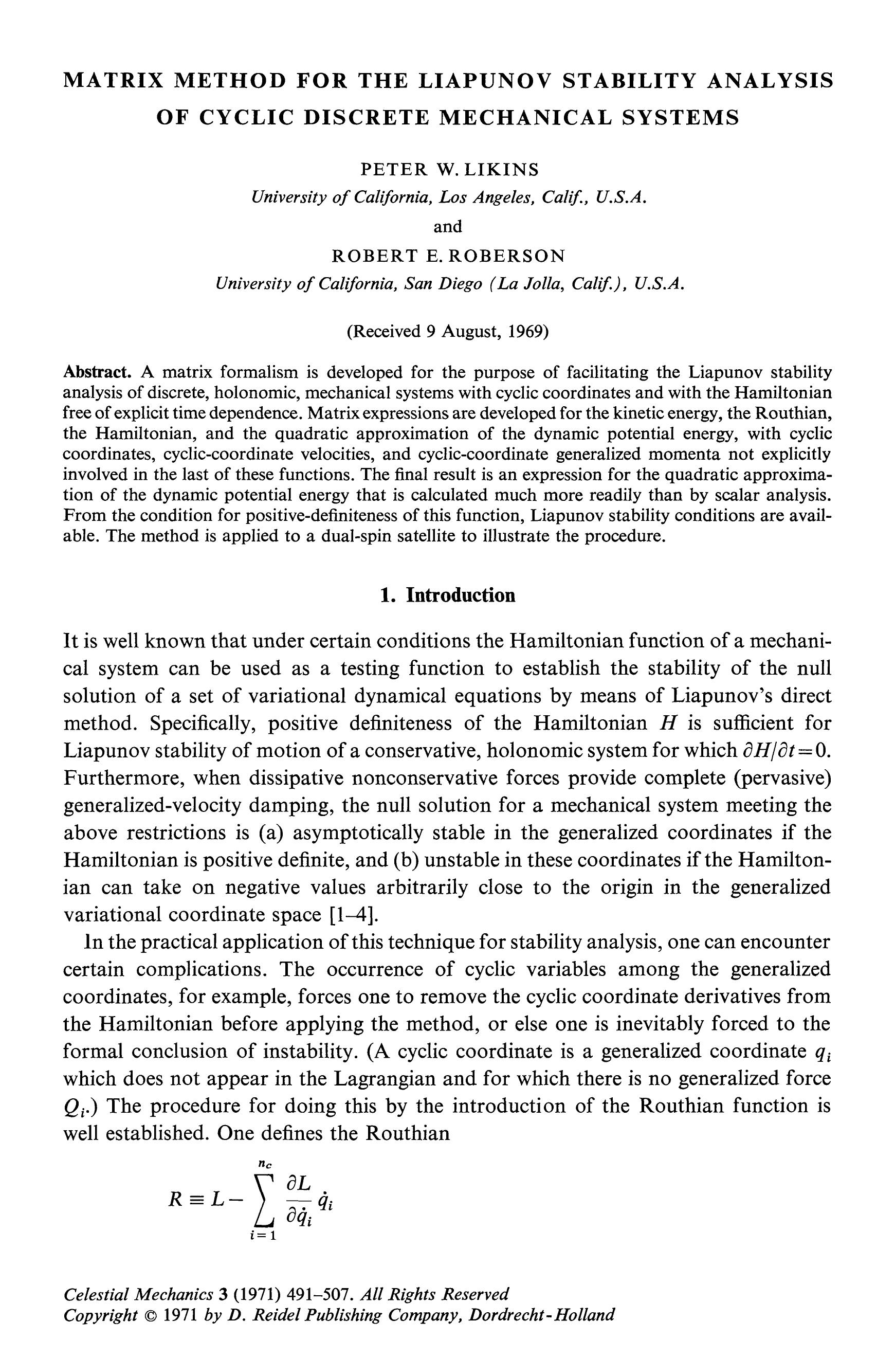 Matrix method for the Liapunov stability analysis of cyclic discrete mechanical systems by Unknown