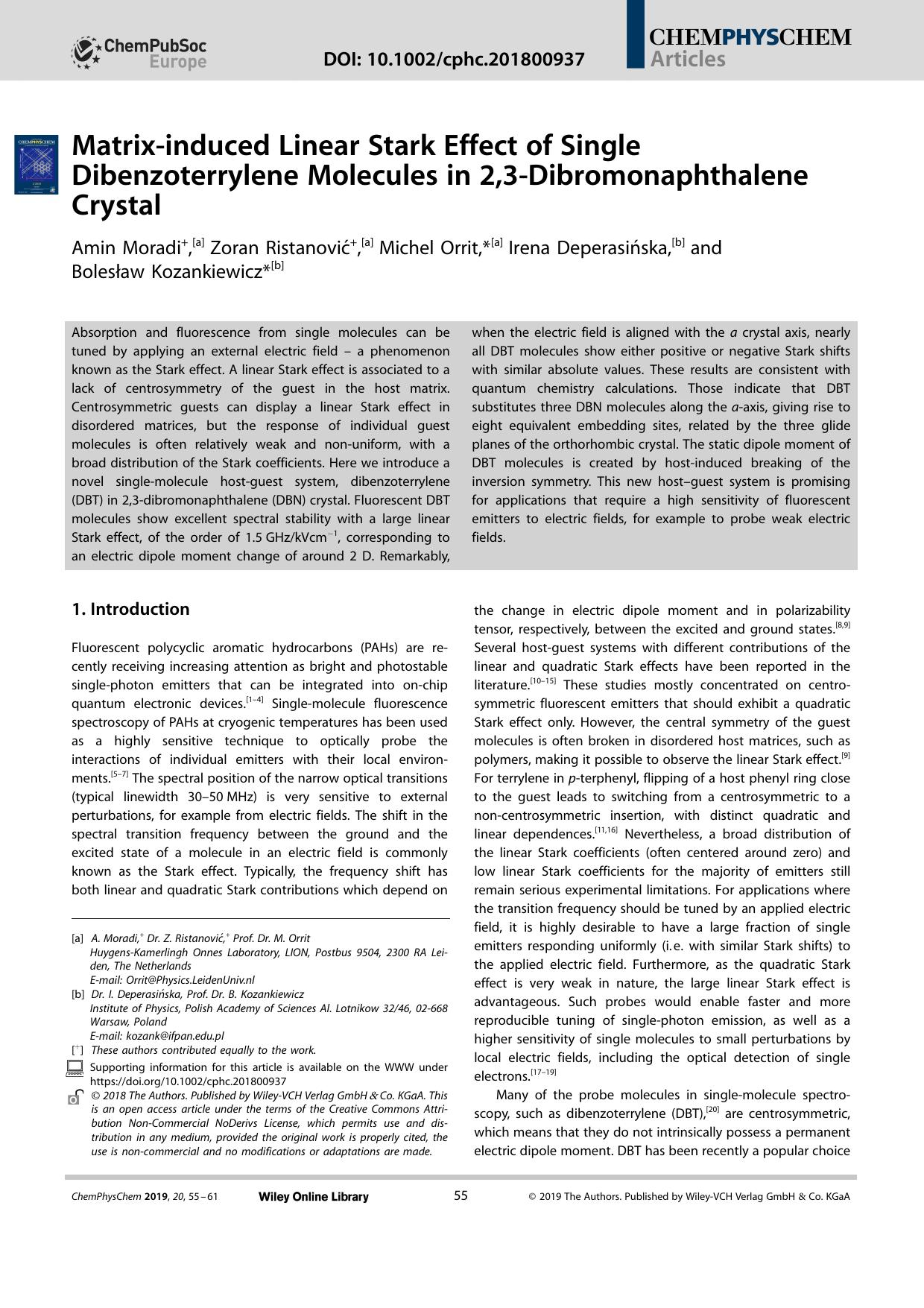Matrixâinduced Linear Stark Effect of Single Dibenzoterrylene Molecules in 2,3âDibromonaphthalene Crystal by Unknown