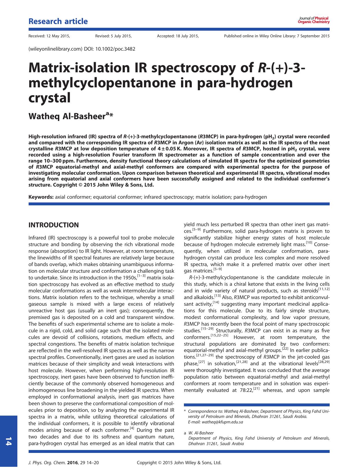 Matrix-isolation IR spectroscopy of R-(+)-3-methylcyclopentanone in para-hydrogen crystal by Watheq Al-Basheer