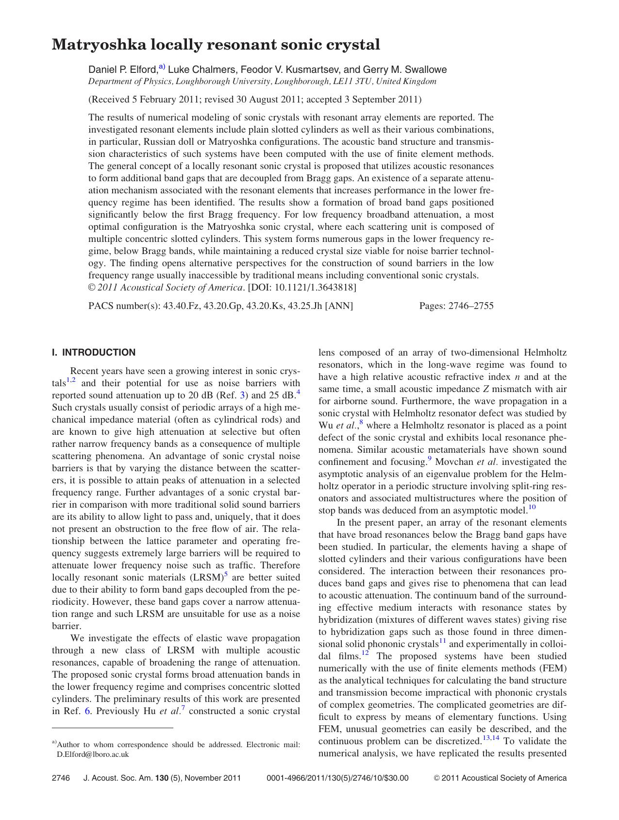 Matryoshka locally resonant sonic crystal by Daniel P. Elford Luke Chalmers Feodor V. Kusmartsev and Gerry M. Swallowe