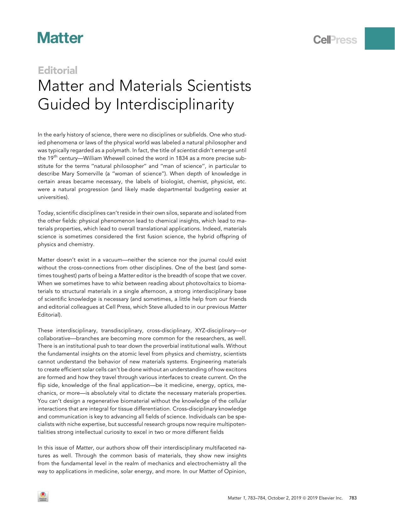 Matter and Materials Scientists Guided by Interdisciplinarity by Stacey M. Chin