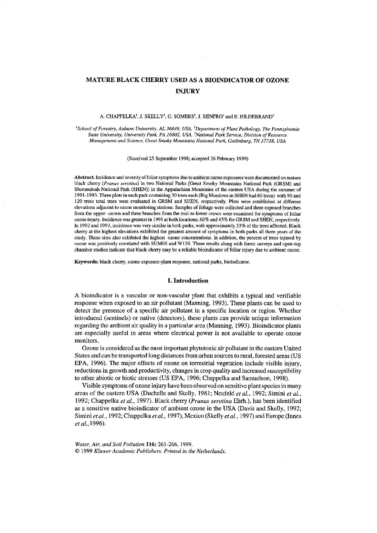 Mature Black Cherry Used as a Bioindicator of Ozone Injury by Unknown