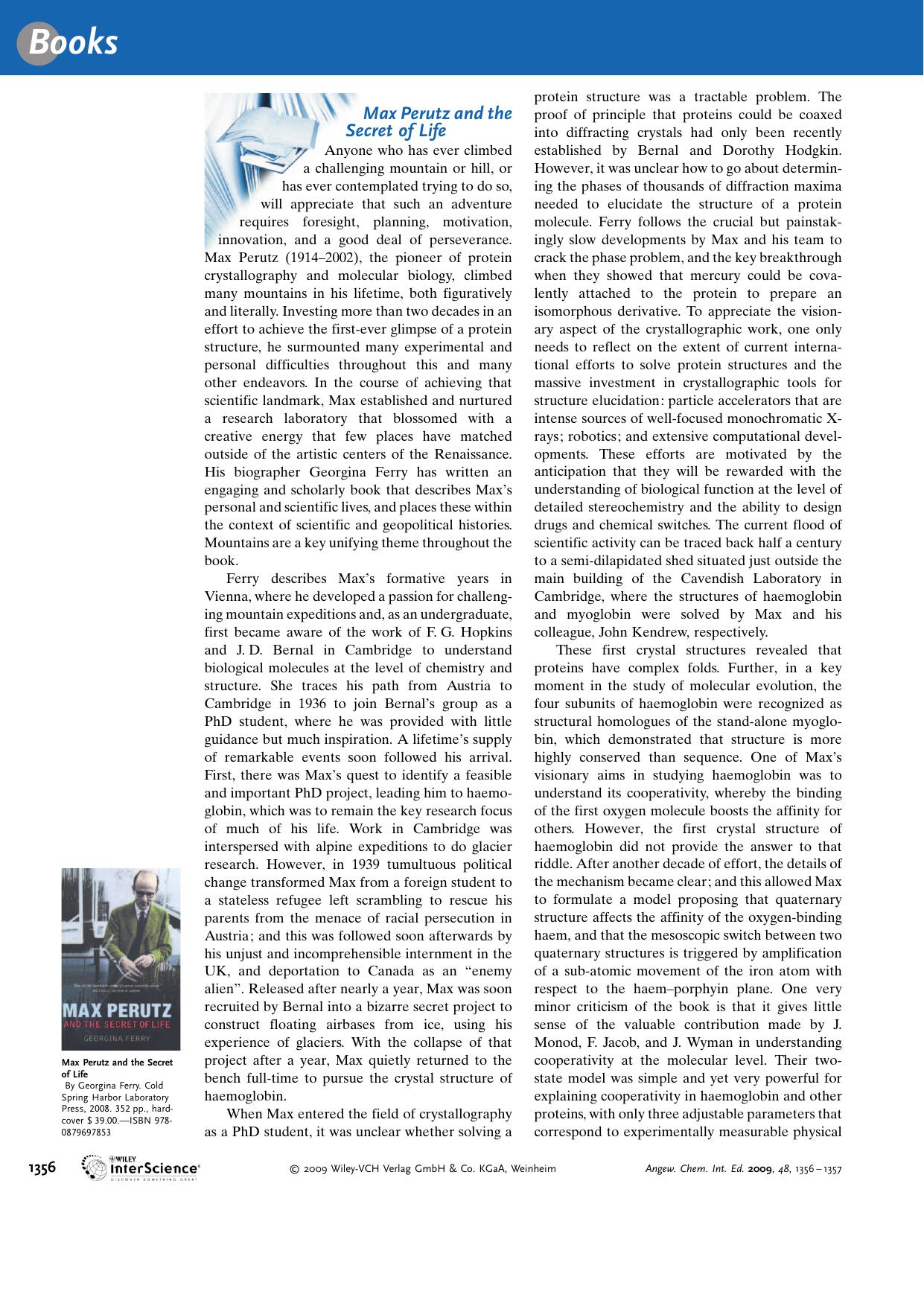 Max Perutz and the Secret of Life. By Georgina Ferry. by Unknown