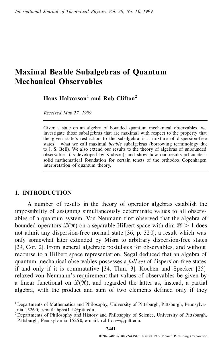 Maximal Beable Subalgebras of Quantum Mechanical Observables by Unknown