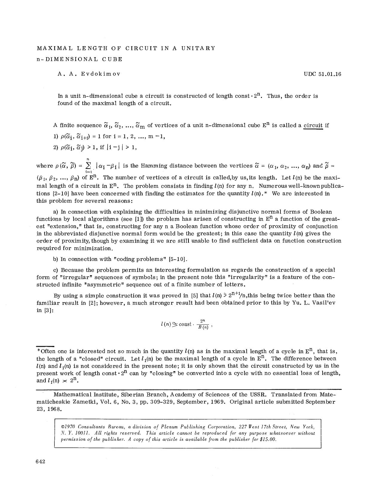 Maximal length of circuit in a unitary n-dimensional cube by Unknown