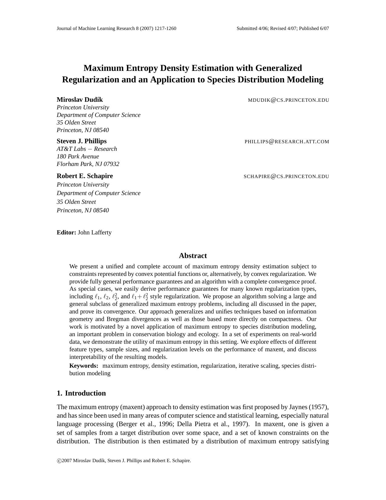 Maximum Entropy Density Estimation with Generalized Regularization and an Application to Species Distribution Modeling by Unknown