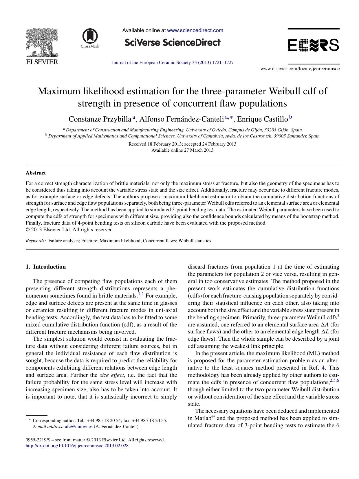 Maximum likelihood estimation for the three-parameter Weibull cdf of strength in presence of concurrent flaw populations by Constanze Przybilla