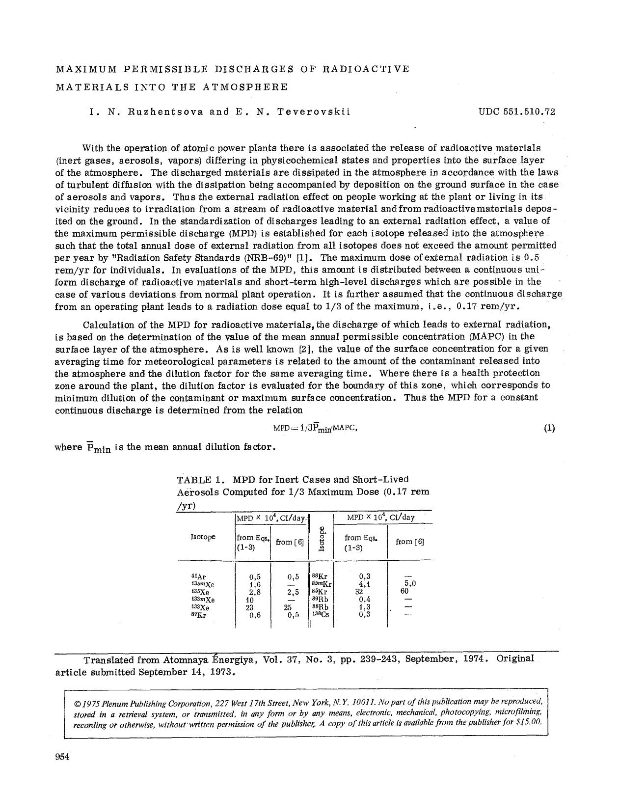 Maximum permissible discharges of radioactive materials into the atmosphere by Unknown