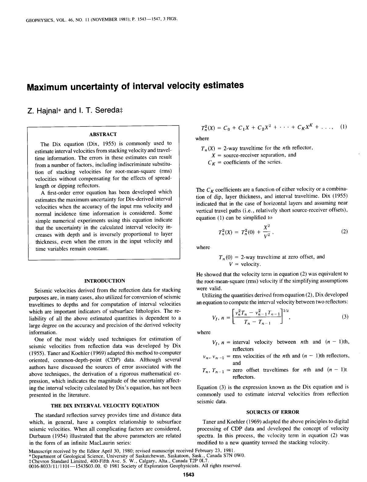 Maximum uncertainty of interval velocity estimates by Hajnal Z.; Serada I. T