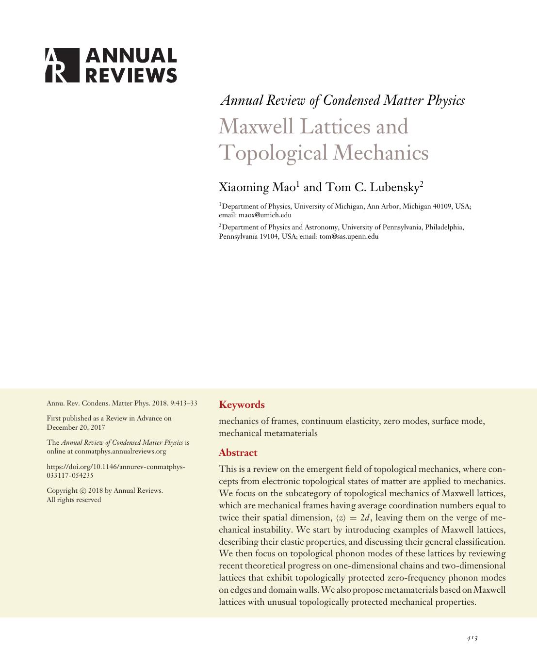 Maxwell Lattices and Topological Mechanics by Xiaoming Mao and Tom C. Lubensky