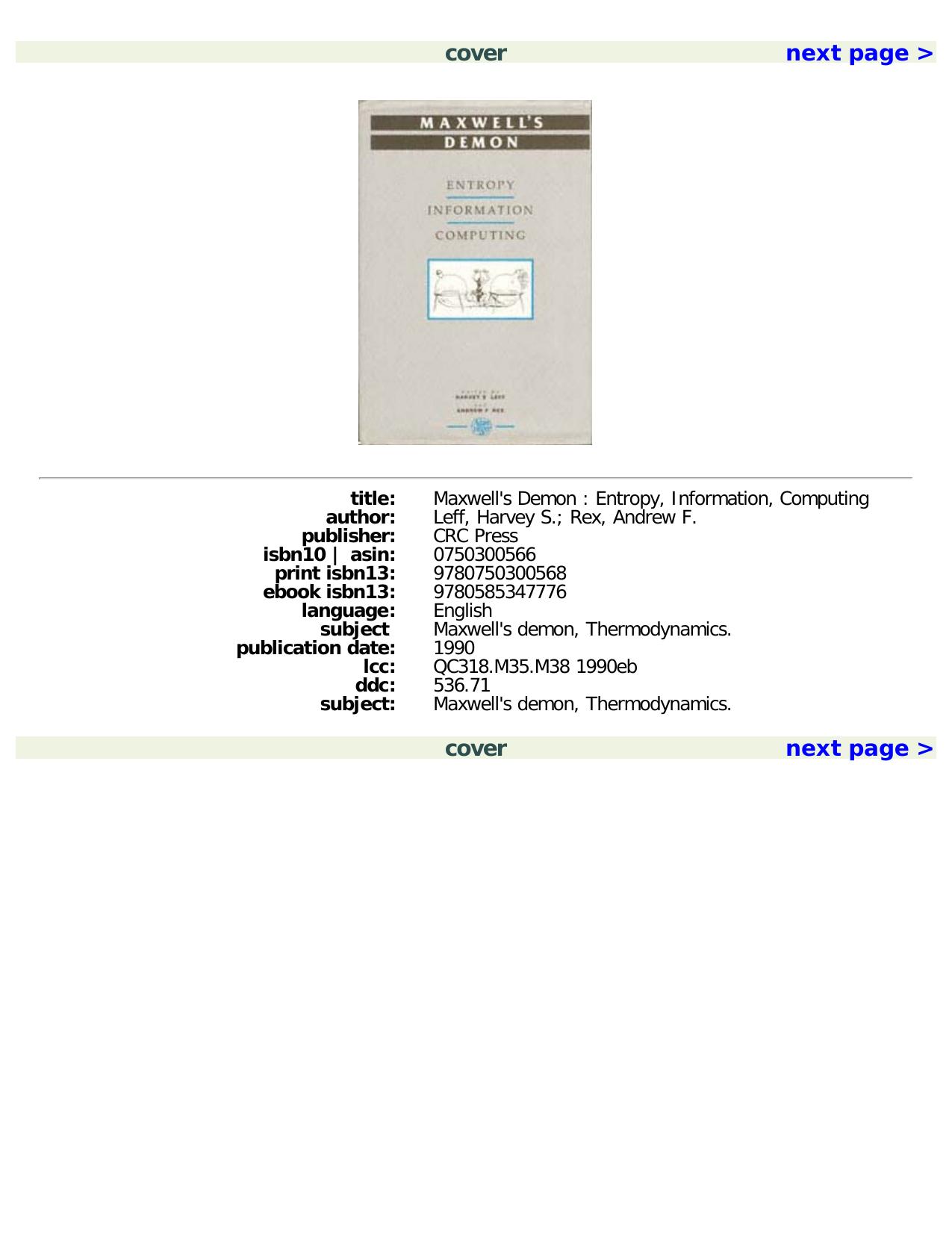 Maxwell's Demon: Entropy, Information, Computing by Andrew F. Rex