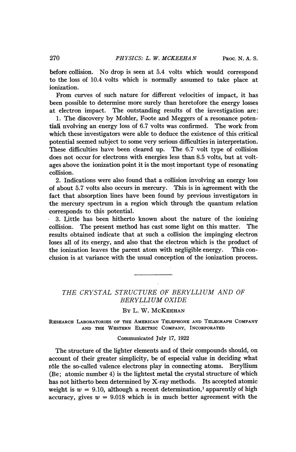 McKeehan L. W. by The Crystal Structure of Beryllium & of Beryllium Oxide (1922)(5s)