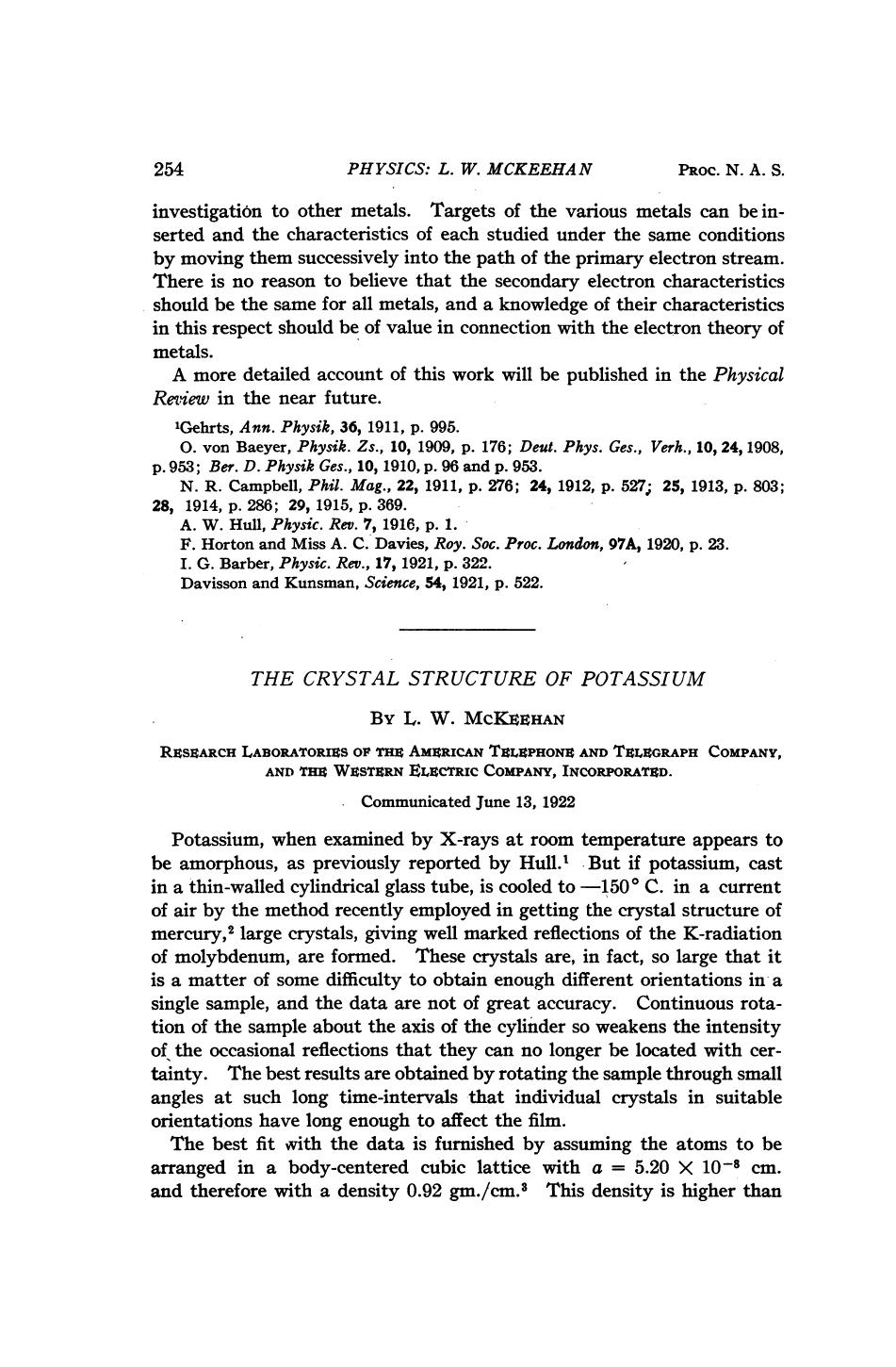 McKeehan L. W. by The Crystal Structure of Potassium (1922)(2s)