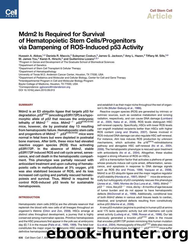 Mdm2 Is Required for Survival of Hematopoietic Stem CellsProgenitors via Dampening of ROS-Induced p53 Activity by unknow