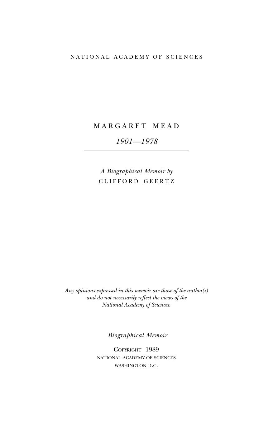 Mead Margaret A Biographical Memoir by Clifford Geertz by National Academy of Sciences