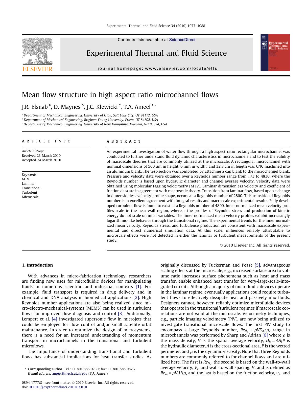 Mean flow structure in high aspect ratio microchannel flows by J.R. Elsnab & D. Maynes & J.C. Klewicki & T.A. Ameel