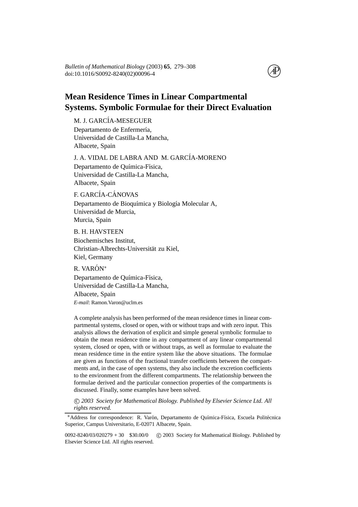 Mean residence times in linear compartmental systems. Symbolic formulae for their direct evaluation by Unknown
