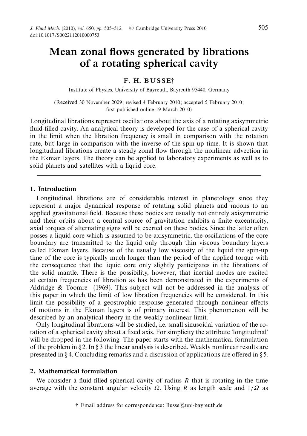 Mean zonal flows generated by librations of a rotating spherical cavity by F. H. BUSSE