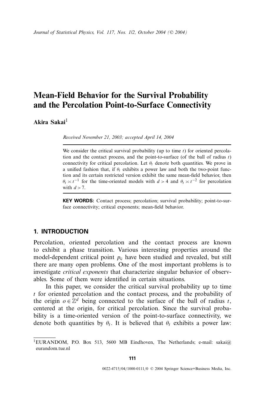 Mean-Field Behavior for the Survival Probability and the Percolation Point-to-Surface Connectivity by Unknown
