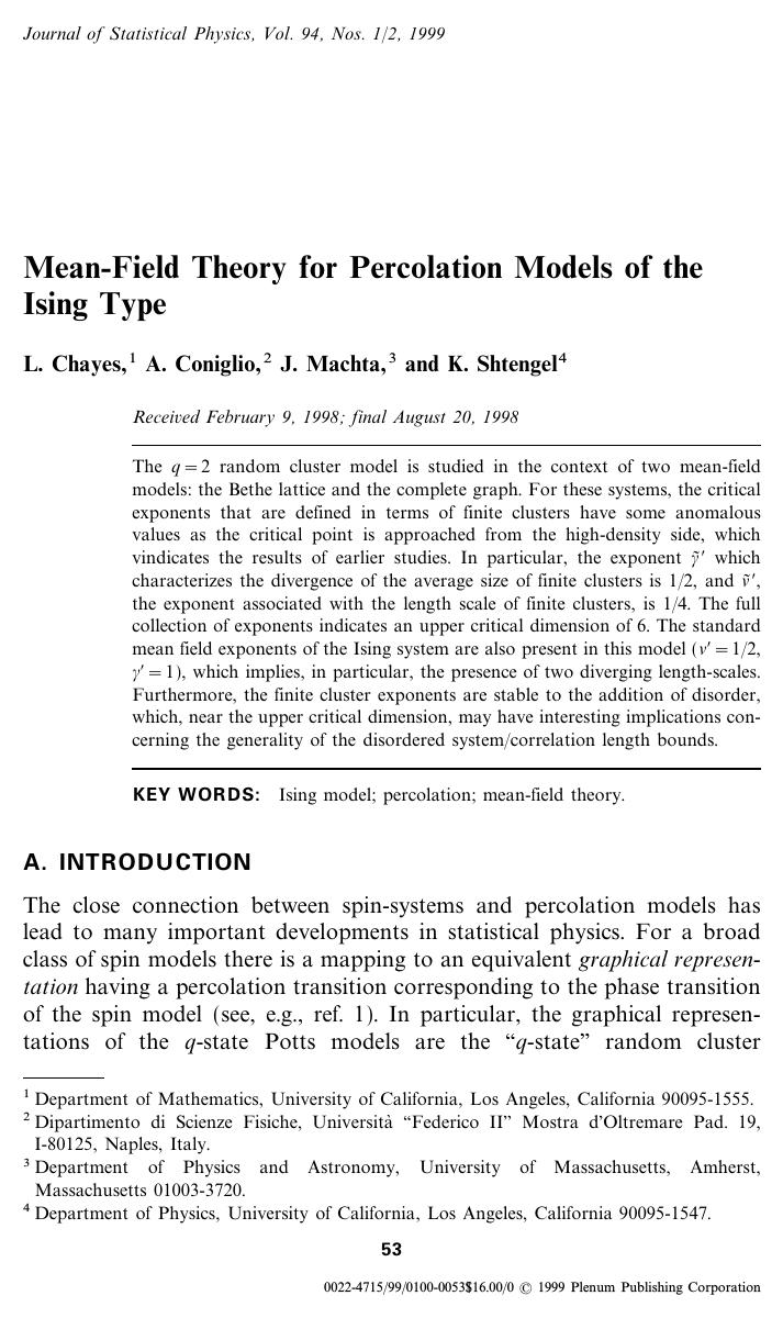 Mean-Field Theory for Percolation Models of the Ising Type by Unknown
