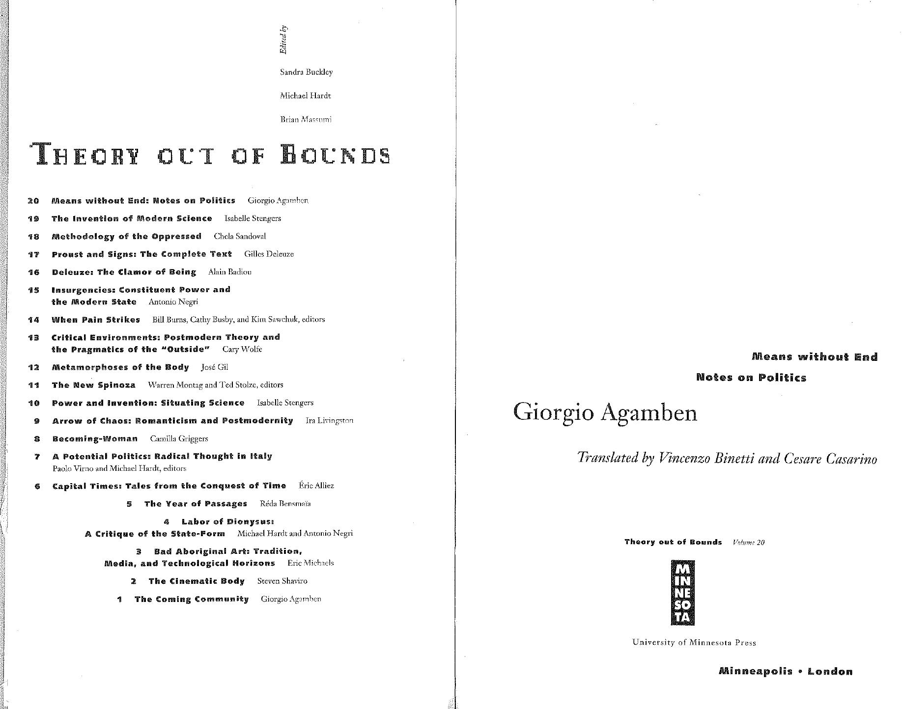 Means without end: notes on politics by Giorgio Agamben & Vincenzo Binetti