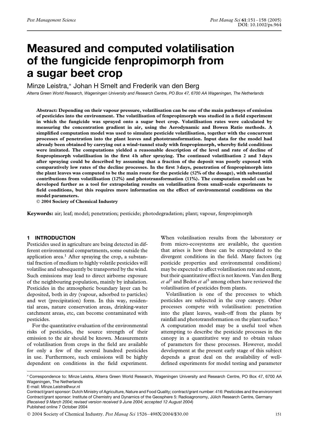 Measured and computed volatilisation of the fungicide fenpropimorph from a sugar beet crop by Unknown