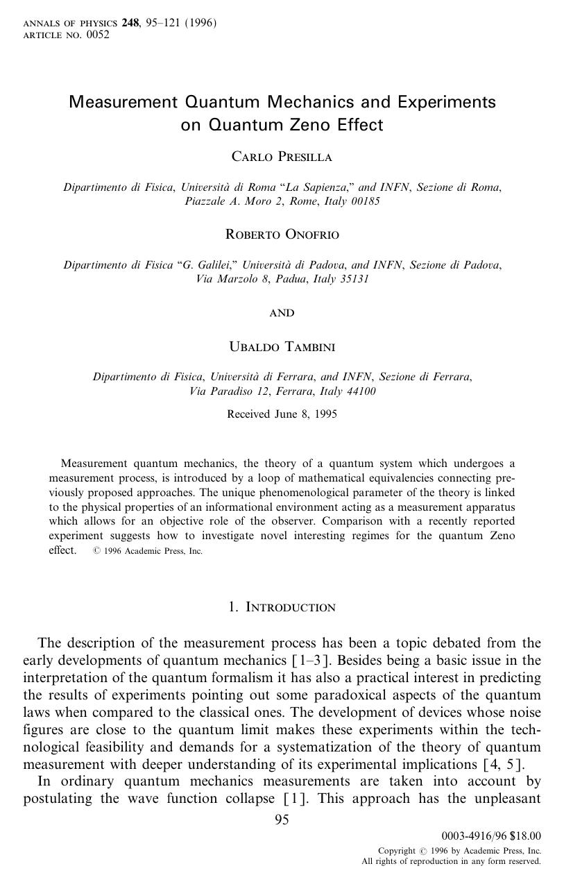 Measurement Quantum Mechanics and Experiments on Quantum Zeno Effect by Presilla C. et al