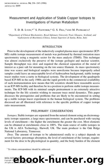 Measurement and Application of Stable Copper Isotopes to Investigations of Human Metabolism by Lyon T. D. B. et al
