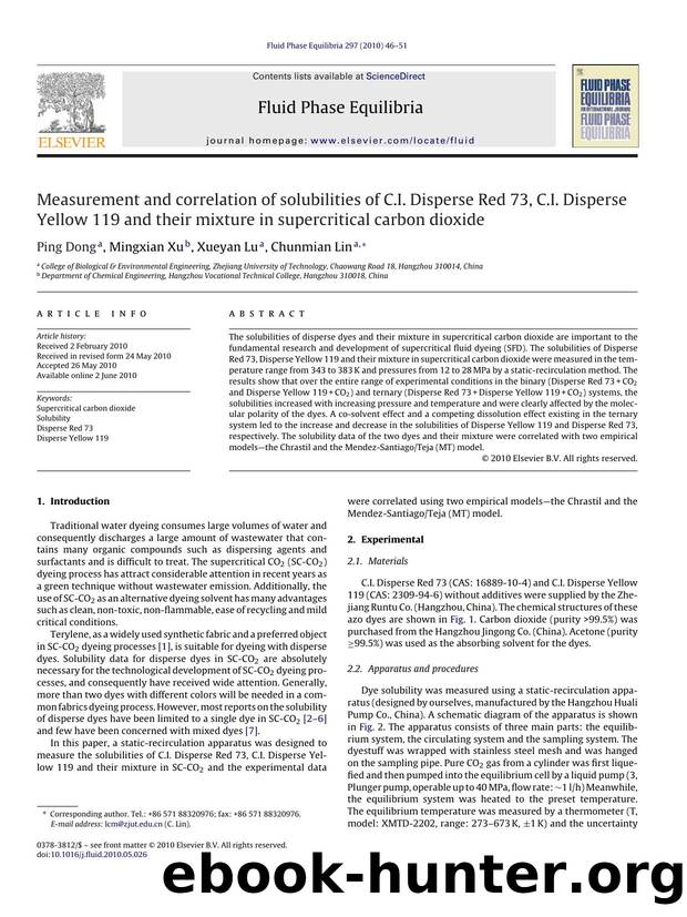 Measurement and correlation of solubilities of C.I. Disperse Red 73, C.I. Disperse Yellow 119 and their mixture in supercritical carbon dioxide by Ping Dong & Mingxian Xu & Xueyan Lu & Chunmian Lin