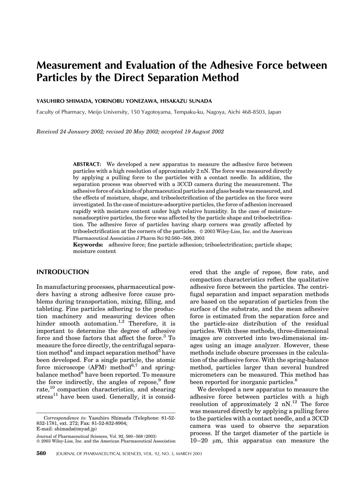 Measurement and evaluation of the adhesive force between particles by the direct separation method by Unknown