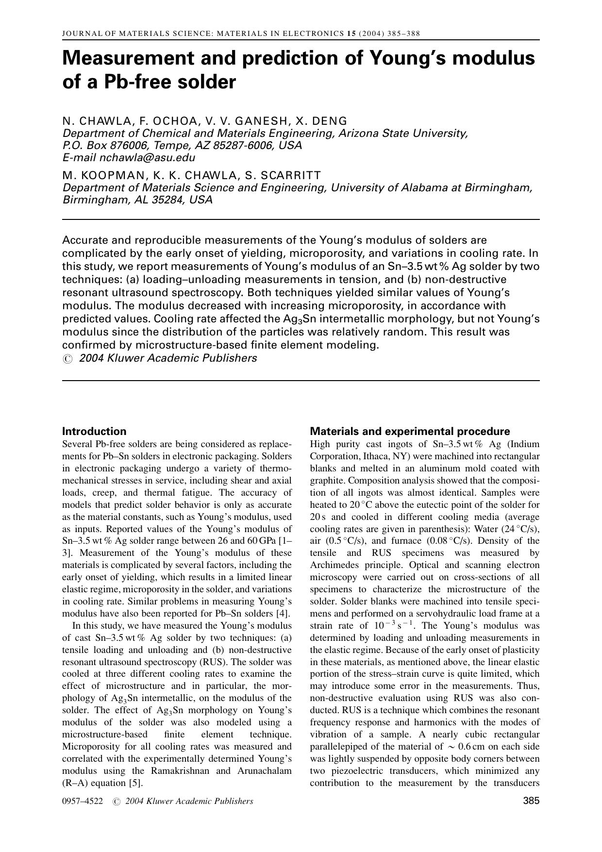 Measurement and prediction of Young’s modulus of a Pb-free solder by Unknown