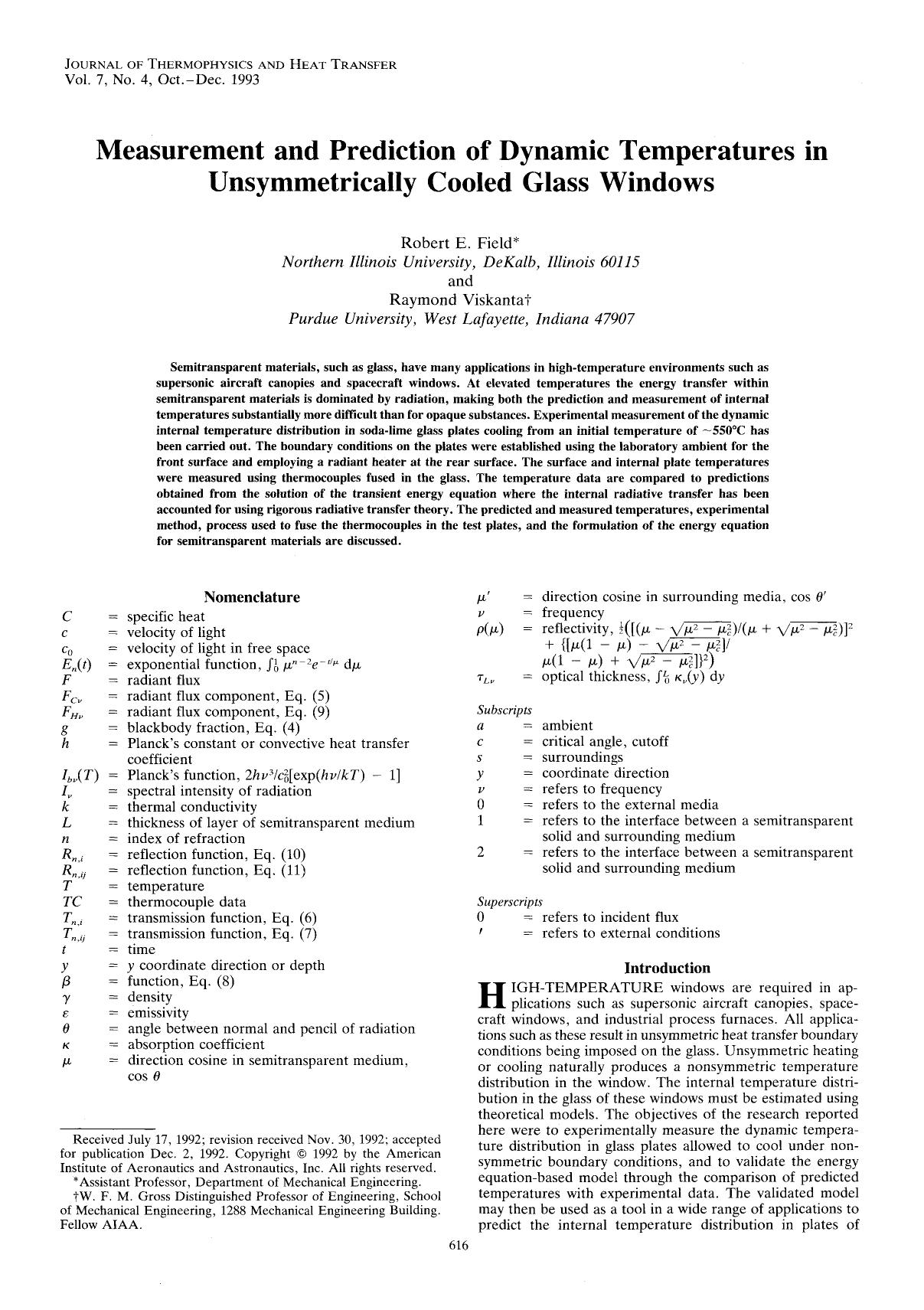 Measurement and prediction of dynamic temperatures in unsymmetrically cooled glass windows by Unknown