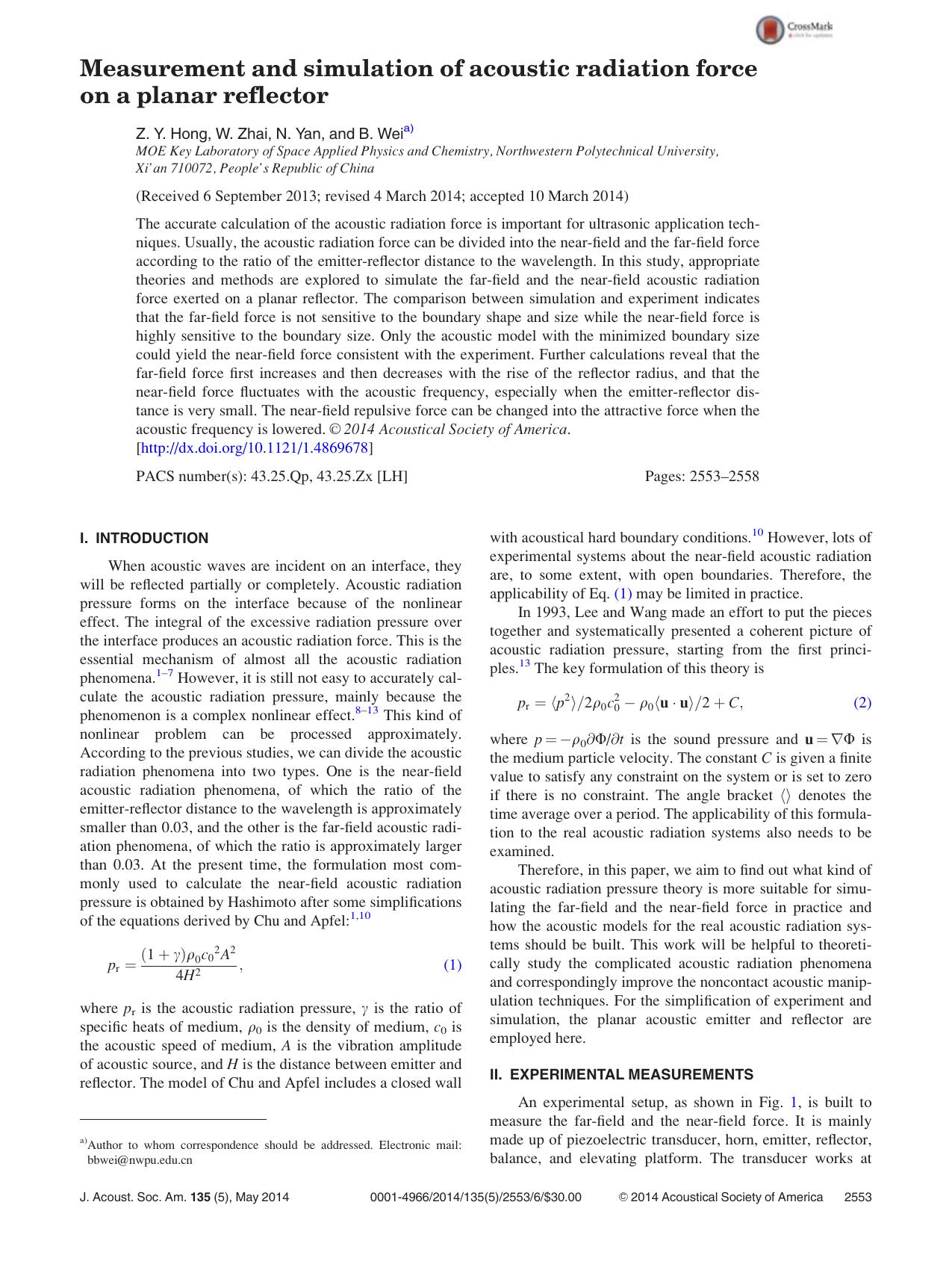 Measurement and simulation of acoustic radiation force on a planar reflector by Z. Y. Hong & W. Zhai & N. Yan & B. Wei