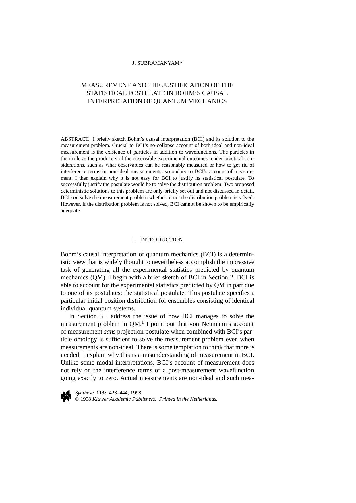 Measurement and the Justification of the Statistical Postulate in Bohm's Causal Interpretation of Quantum Mechanics by Unknown