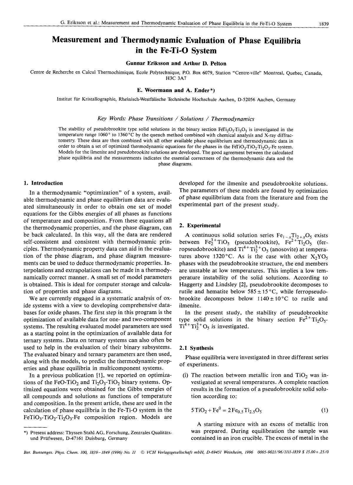 Measurement and thermodynamic evaluation of phase equilibria in the Fe-Ti-O system by Unknown